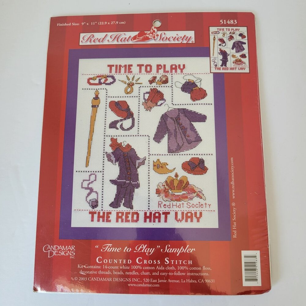 Vtg Candamar Designs Red Hat Society Counted Cross Stitch Kit 51483 Time To Play